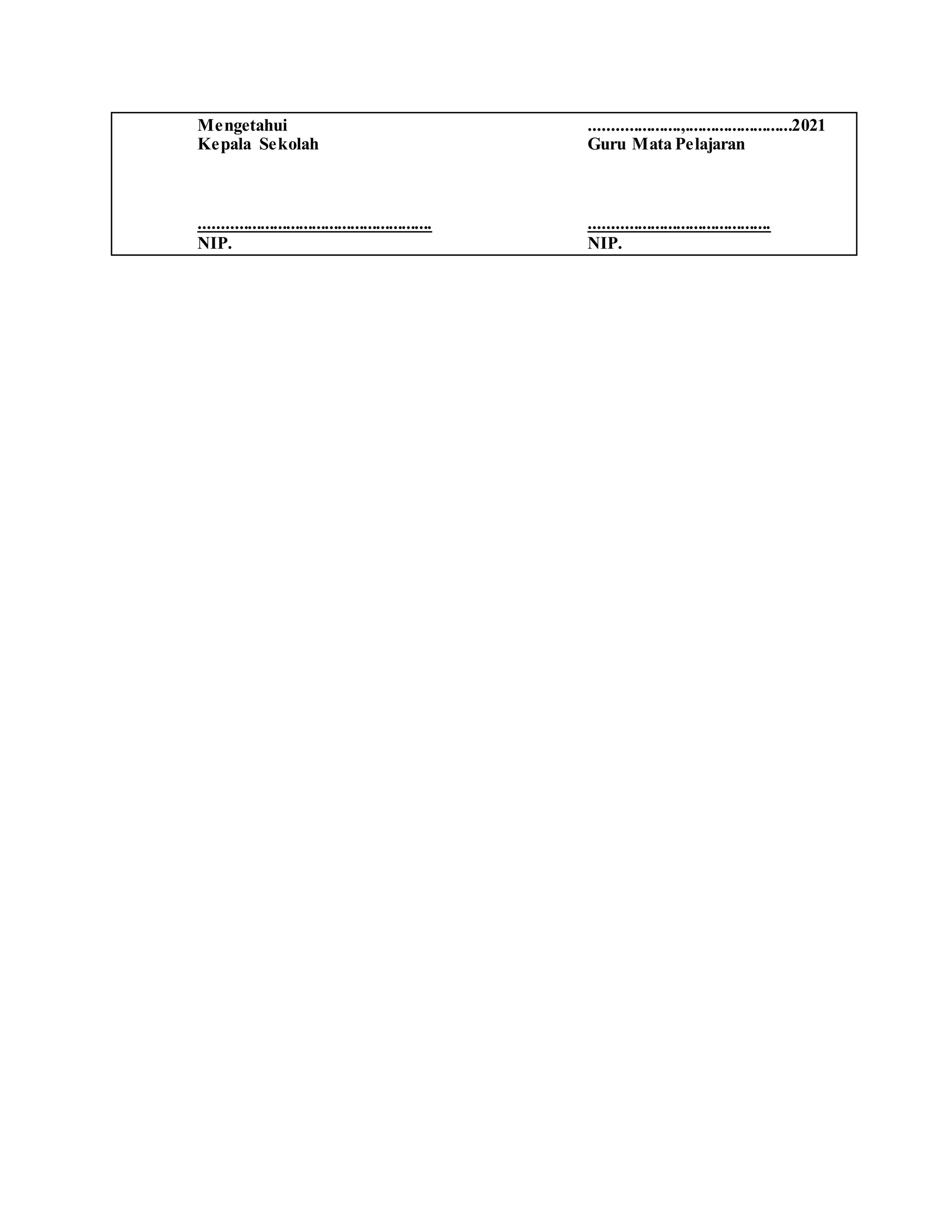 Mengetahui
Kepala Sekolah
......................................................
NIP.
.....................,.........................2021
Guru Mata Pelajaran
..........................................
NIP.
 