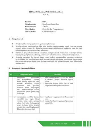 RPP KURIKULUM 2013 IPA 3 
RENCANA PELAKSANAAN PEMBELAJARAN 
(RPP 01) 
Sekolah : SMP ... 
Mata Pelajaran : Ilmu Pengetahuan Alam 
Kelas/semester : VII/Satu 
Materi Pokok : Objek IPA dan Pengamatannya 
Alokasi Waktu : 6 pertemuan (15 JP) 
A. Kompetensi Inti 
1. Menghargai dan menghayati ajaran agama yang dianutnya. 
2. Menghargai dan menghayati perilaku jujur, disiplin, tanggungjawab, peduli (toleransi, gotong 
royong), santun, percaya diri, dalam berinteraksi secara efektif dengan lingkungan sosial dan alam 
dalam jangkauan pergaulan dan keberadaannya. 
3. Memahami pengetahuan (faktual, konseptual, dan prosedural) berdasarkan rasa ingin tahunya 
tentang ilmu pengetahuan, teknologi, seni, budaya terkait fenomena dan kejadian tampak mata. 
4. Mencoba, mengolah, dan menyaji dalam ranah konkret (menggunakan, mengurai, merangkai, 
memodifikasi, dan membuat) dan ranah abstrak (menulis, membaca, menghitung, menggambar, 
dan mengarang) sesuai dengan yang dipelajari di sekolah dan sumber lain yang sama dalam sudut 
pandang/teori. 
B. Kompetensi Dasar dan Indikator 
KI Kompetensi Dasar Indikator 
1.1. Mengagumi keteraturan 
dan kompleksitas ciptaan 
Tuhan tentang aspek fisik dan 
kimiawi, kehidupan dalam 
ekosistem, dan peranan 
manusia dalam lingkungan 
serta mewujudkannya dalam 
pengamalan ajaran agama yang 
dianutnya. 
1.1.1 Menerima perbedaan ciri-ciri fisik teman 
di kelasnya sebagai makhluk ciptaan 
Tuhan. 
1.1.2 Menerima dengan ikhlas ciri-ciri fisik 
yang dimiliki sebagai karunia Tuhan. 
2.1. Menunjukkan perilaku ilmiah 
(memiliki rasa ingin tahu; 
objektif; jujur; teliti; cermat; 
tekun; hati-hati; bertanggung 
jawab; terbuka; kritis; kreatif; 
inovatif dan peduli lingkungan) 
dalam aktivitas sehari-hari. 
1.1.1 Melakukan pengamatan/percobaan secara 
jujur. 
1.1.2 Melaporkan hasil pengamatan/ percobaan 
secara teliti. 
 