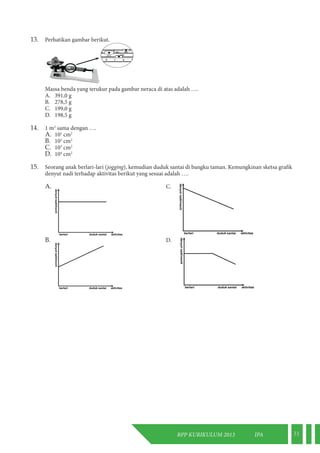 RPP KURIKULUM 2013 IPA 31 
13. Perhatikan gambar berikut. 
Massa benda yang terukur pada gambar neraca di atas adalah …. 
A. 391,0 g 
B. 278,5 g 
C. 199,0 g 
D. 198,5 g 
14. 1 m2 sama dengan …. 
A. 101 cm2 
B. 102 cm2 
C. 103 cm2 
D. 104 cm2 
15. Seorang anak berlari-lari (jogging), kemudian duduk santai di bangku taman. Kemungkinan sketsa grafik 
denyut nadi terhadap aktivitas berikut yang sesuai adalah …. 
A. C. 
B. D. 
 