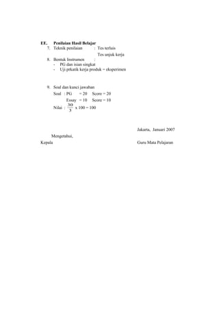 EE. Penilaian Hasil Belajar
7. Teknik penilaian : Tes terluis
Tes unjuk kerja
8. Bentuk Instrumen :
- PG dan isian singkat
- Uji prkatik kerja produk = eksperimen
9. Soal dan kunci jawaban
Soal : PG = 20 Score = 20
Essay = 10 Score = 10
Nilai :
3
30
x 100 = 100
Jakarta, Januari 2007
Mengetahui,
Kepala Guru Mata Pelajaran
 