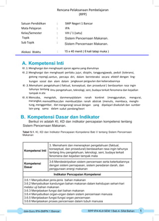 Ata Muhammad Rpp RPP IPA K-13 KELAS 8 SEMESTER-1 Bab5 Sitem pencernaan | PDF