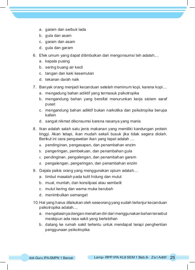 RPP IPA K-13 KELAS 8 SEMESTER-1 Bab6 Zat Aditif dan Adiktif