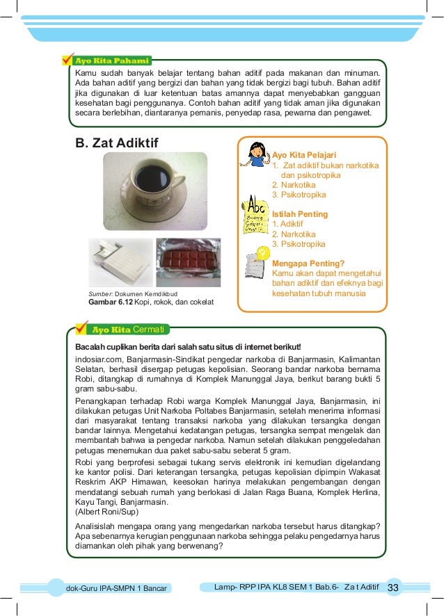 RPP IPA K-13 KELAS 8 SEMESTER-1 Bab6 Zat Aditif dan Adiktif