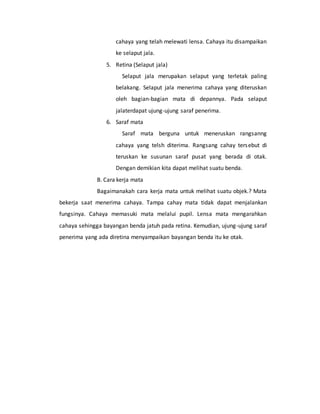 cahaya yang telah melewati lensa. Cahaya itu disampaikan 
ke selaput jala. 
5. Retina (Selaput jala) 
Selaput jala merupakan selaput yang terletak paling 
belakang. Selaput jala menerima cahaya yang diteruskan 
oleh bagian-bagian mata di depannya. Pada selaput 
jalaterdapat ujung-ujung saraf penerima. 
6. Saraf mata 
Saraf mata berguna untuk meneruskan rangsanng 
cahaya yang telsh diterima. Rangsang cahay tersebut di 
teruskan ke susunan saraf pusat yang berada di otak. 
Dengan demikian kita dapat melihat suatu benda. 
B. Cara kerja mata 
Bagaimanakah cara kerja mata untuk melihat suatu objek.? Mata 
bekerja saat menerima cahaya. Tampa cahay mata tidak dapat menjalankan 
fungsinya. Cahaya memasuki mata melalui pupil. Lensa mata mengarahkan 
cahaya sehingga bayangan benda jatuh pada retina. Kemudian, ujung-ujung saraf 
penerima yang ada diretina menyampaikan bayangan benda itu ke otak. 
