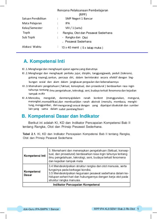 RPP IPA  KURIKULUM 2013 KELAS  8  SEMESTER  1