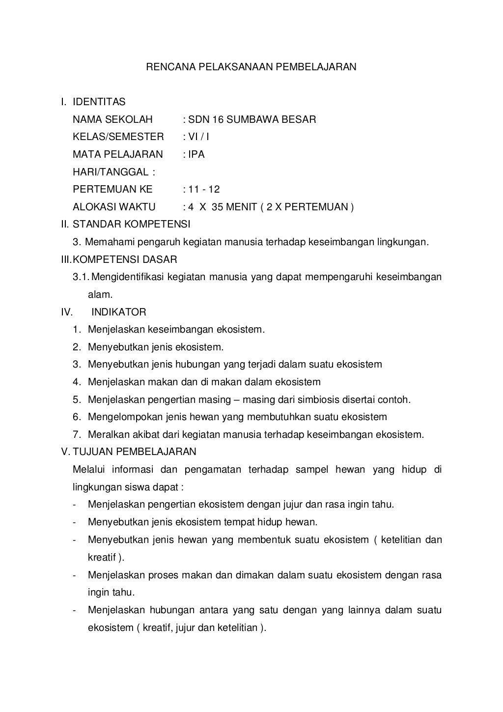 Rpp ipa untuk kelas vi semester ii