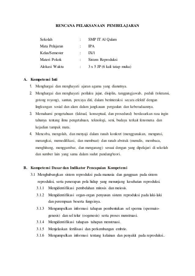 Rpp Kelas 9 Sistem Reproduksi Kurtilas