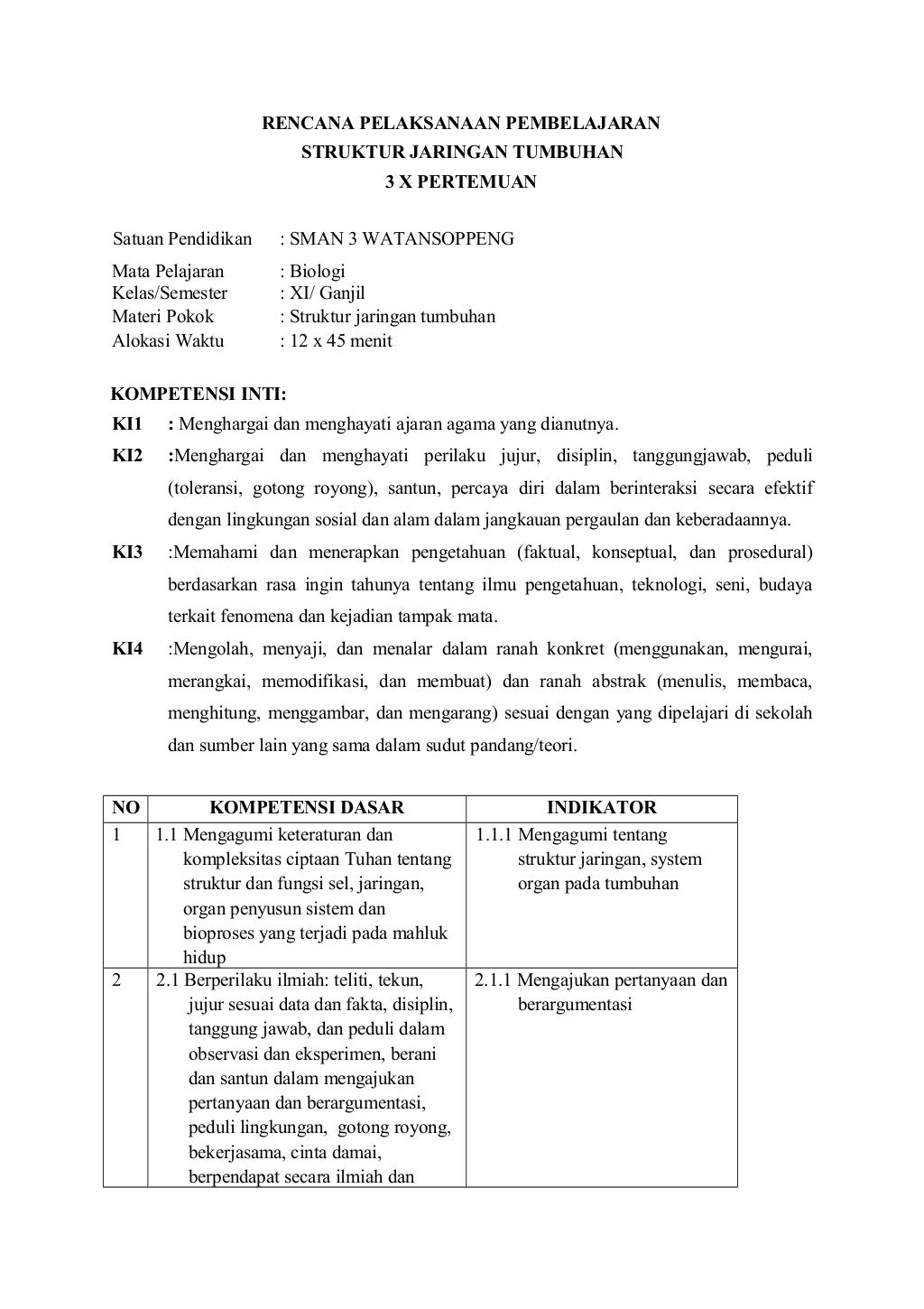 Rpp jaringan tumbuhan kelas xi kurikulum 2013