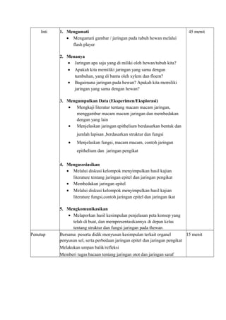 Inti 1. Mengamati 
· Mengamati gambar / jaringan pada tubuh hewan melalui 
flash player 
2. Menanya 
· Jaringan apa saja yang di miliki oleh hewan/tubuh kita? 
· Apakah kita memiliki jaringan yang sama dengan 
tumbuhan, yang di bantu oleh xylem dan floem? 
· Bagaimana jaringan pada hewan? Apakah kita memiliki 
jaringan yang sama dengan hewan? 
3. Mengumpulkan Data (Eksperimen/Eksplorasi) 
· Mengkaji literatur tentang macam macam jaringan, 
menggambar macam macam jaringan dan membedakan 
dengan yang lain 
· Menjelaskan jaringan epithelium berdasarkan bentuk dan 
jumlah lapisan ,berdasarkan struktur dan fungsi 
· Menjelaskan fungsi, macam macam, contoh jaringan 
epithelium dan jaringan pengikat 
4. Mengasosiasikan 
· Melalui diskusi kelompok menyimpulkan hasil kajian 
literature tentang jaringan epitel dan jaringan pengikat 
· Membedakan jaringan epitel 
· Melalui diskusi kelompok menyimpulkan hasil kajian 
literature fungsi,contoh jaringan epitel dan jaringan ikat 
5. Mengkomunikasikan 
· Melaporkan hasil kesimpulan penjelasan peta konsep yang 
telah di buat, dan mempresentasikannya di depan kelas 
tentang struktur dan fungsi jaringan pada thewan 
45 menit 
Penutup Bersama peserta didik menyusun kesimpulan terkait organel 
penyusun sel, serta perbedaan jaringan epitel dan jaringan pengikat 
Melakukan umpan balik/refleksi 
Memberi tugas bacaan tentang jaringan otot dan jaringan saraf 
15 menit 
 