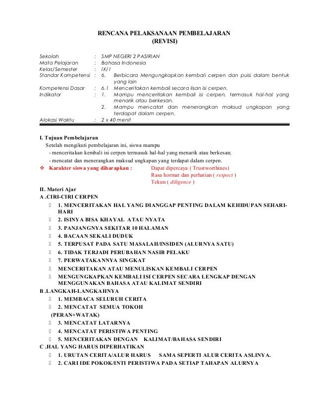 RPP BAHASA INDONESIA KLS 9 SMP KTSP 2015/ 2016 (REVISI)