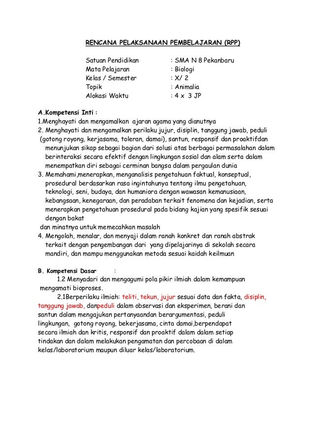 Rpp Biologi Kelas X Kd 3 8 Dan 4 8 Animalia