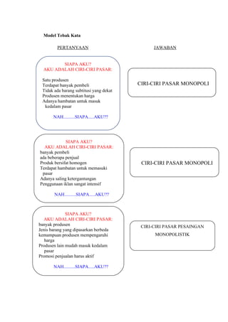 Model Tebak Kata
PERTANYAAN JAWABAN
CIRI
SIAPA AKU?
AKU ADALAH CIRI-CIRI PASAR:
Satu produsen
Terdapat banyak pembeli
Tidak ada barang subtitusi yang dekat
Produsen menentukan harga
Adanya hambatan untuk masuk
kedalam pasar
NAH..........SIAPA.....AKU??
CIRI-CIRI PASAR MONOPOLI
SIAPA AKU?
AKU ADALAH CIRI-CIRI PASAR:
banyak pembeli
ada beberapa penjual
Produk bersifat homogen
Terdapat hambatan untuk memasuki
pasar
Adanya saling ketergantungan
Penggunaan iklan sangat intensif
NAH..........SIAPA.....AKU??
CIRI-CIRI PASAR MONOPOLI
SIAPA AKU?
AKU ADALAH CIRI-CIRI PASAR:
banyak produsen
Jenis barang yang dipasarkan berbeda
kemampuan produsen mempengaruhi
harga
Produsen lain mudah masuk kedalam
pasar
Promosi penjualan harus aktif
NAH..........SIAPA.....AKU??
CIRI-CIRI PASAR PESAINGAN
MONOPOLISTIK
 