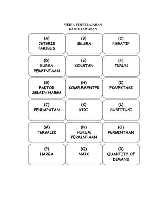 MEDIA PEMBELAJARAN
KARTU JAWABAN
(B)
SELERA
(A)
CETERIS
PARIBUS
(C)
NEGATIF
(D)
KURVA
PERMINTAAN
(E)
KONSTAN
(F)
TURUN
(G)
FAKTOR
SELAIN HARGA
(H)
KOMPLEMENTER
(K)
KIRI
(J)
PENDAPATAN
(I)
EKSPEKTASI
(L)
SUBTITUSI
(M)
TERBALIK
(O)
PERMINTAAN
(N)
HUKUM
PERMINTAAN
(P)
HARGA
(Q)
NAIK
(R)
QUANTITY OF
DEMAND
 