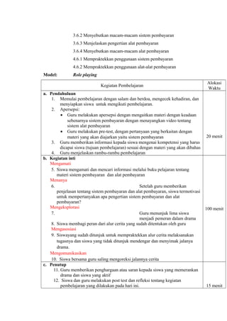 3.6.2 Menyebutkan macam-macam sistem pembayaran
3.6.3 Menjelaskan pengertian alat pembayaran
3.6.4 Menyebutkan macam-macam alat pembayaran
4.6.1 Mempraktekkan penggunaan sistem pembayaran
4.6.2 Mempraktekkan penggunaan alat-alat pembayaran
Model: Role playing
Kegiatan Pembelajaran
Alokasi
Waktu
a. Pendahuluan
1. Memulai pembelajaran dengan salam dan berdoa, mengecek kehadiran, dan
menyiapkan siswa untuk mengikuti pembelajaran.
2. Apersepsi:
• Guru melakukan apersepsi dengan mengaitkan materi dengan keadaan
sebenarnya sistem pembayaran dengan menayangkan video tentang
sistem alat pembayaran
• Guru melakukan pre-test, dengan pertanyaan yang berkaitan dengan
materi yang akan diajarkan yaitu sistem pembayaran
3. Guru memberikan informasi kepada siswa mengenai kompetensi yang harus
dicapai siswa (tujuan pembelajaran) sesuai dengan materi yang akan dibahas
4. Guru menjelaskan rambu-rambu pembelajaran
20 menit
b. Kegiatan inti
Mengamati
5. Siswa mengamati dan mencari informasi melalui buku pelajaran tentang
materi sistem pembayaran dan alat pembayaran
Menanya
6. Setelah guru memberikan
penjelasan tentang sistem pembayaran dan alat pembayaran, siswa termotivasi
untuk mempertanyakan apa pengertian sistem pembayaran dan alat
pembayaran?
Mengeksplorasi
7. Guru menunjuk lima siswa
menjadi pemeran dalam drama
8. Siswa membagi peran dari alur cerita yang sudah ditentukan oleh guru
Mengasosiasi
9. Siswayang sudah ditunjuk untuk mempraktekkan alur cerita melaksanakan
tugasnya dan siswa yang tidak ditunjuk mendengar dan menyimak jalanya
drama.
Mengomunikasikan
10. Siswa bersama guru saling mengoreksi jalannya cerita
100 menit
c. Penutup
11. Guru memberikan penghargaan atau saran kepada siswa yang memerankan
drama dan siswa yang aktif
12. Siswa dan guru melakukan post test dan refleksi tentang kegiatan
pembelajaran yang dilakukan pada hari ini. 15 menit
 
