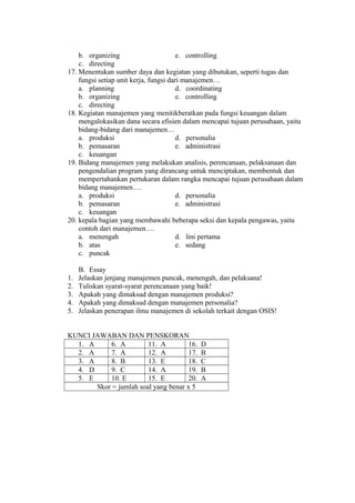 b. organizing e. controlling
c. directing
17. Menentukan sumber daya dan kegiatan yang dibutukan, seperti tugas dan
fungsi setiap unit kerja, fungsi dari manajemen…
a. planning d. coordinating
b. organizing e. controlling
c. directing
18. Kegiatan manajemen yang menitikberatkan pada fungsi keuangan dalam
mengalokasikan dana secara efisien dalam mencapai tujuan perusahaan, yaitu
bidang-bidang dari manajemen…
a. produksi d. personalia
b. pemasaran e. administrasi
c. keuangan
19. Bidang manajemen yang melakukan analisis, perencanaan, pelaksanaan dan
pengendalian program yang dirancang untuk menciptakan, membentuk dan
mempertahankan pertukaran dalam rangka mencapai tujuan perusahaan dalam
bidang manajemen….
a. produksi d. personalia
b. pemasaran e. administrasi
c. keuangan
20. kepala bagian yang membawahi beberapa seksi dan kepala pengawas, yaitu
contoh dari manajemen….
a. menengah d. lini pertama
b. atas e. sedang
c. puncak
B. Essay
1. Jelaskan jenjang manajemen puncak, menengah, dan pelaksana!
2. Tuliskan syarat-syarat perencanaan yang baik!
3. Apakah yang dimaksud dengan manajemen produksi?
4. Apakah yang dimaksud dengan manajemen personalia?
5. Jelaskan penerapan ilmu manajemen di sekolah terkait dengan OSIS!
KUNCI JAWABAN DAN PENSKORAN
1. A 6. A 11. A 16. D
2. A 7. A 12. A 17. B
3. A 8. B 13. E 18. C
4. D 9. C 14. A 19. B
5. E 10. E 15. E 20. A
Skor = jumlah soal yang benar x 5
 