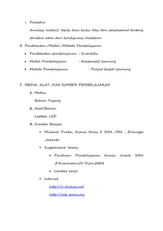 o Prosedur
Analisis materi/ topik dari buku teks dan powerpoint tentang
struktur atom dan konfigurasi elelktron.
E. Pendekatan /Model /Metode Pembelajaran
 Pendekatan pembelajaran : Scientific
 Model Pembelajaran : Kooperatif learning
 Metode Pembelajaran : Project based learning
F. MEDIA, ALAT, DAN SUMBER PEMBELAJARAN
1. Media.
Bahan Tayang
2. Alat/Bahan
Laptop, LCD
3. Sumber Belajar
 Michael Purba, Kimia Kelas X SMA /MA , Erlangga
,Jakarta
 Supplement books:
 Panduan Pembelajaran Kimia Untuk SMA
,E.Kusnawan,CV Dian,2008
 Lembar kerja
 Internet
http://e-dukasi.net
http://psb-psma.org
 
