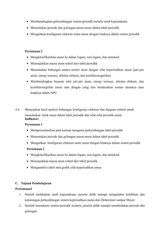 • Membandingkan perkembangan sistem periodik melalui studi kepustakaan.
• Menentukan periode dan golongan unsur-unsur dalam tabel periodik.
• Mengaitkan konfigurasi elektron suatu unsur dengan letaknya dalam sistem periodik
Pertemuan 2
• Mengklasifikasikan unsur ke dalam logam, non logam, dan metaloid.
• Menunjukkan massa atom relatif dari tabel periodik.
• Menentukan hubungan antara nomor atom dengan sifat keperiodikan unsur (jari-jari
atom, energi ionisasi, afinitas elekton, dan keelektronegatifan)
• Membandingkan besaran nilai jari-jari atom, energi ionisasi, afinitas elekton, dan
keelektronegtifan unsur satu dengan yang lain berdasarkan nomor atomnya atau
letaknya dalam SPU
4.4. Menyajikan hasil analisis hubungan konfigurasi elektron dan diagram orbital untuk
menentukan letak unsur dalam tabel periodik dan sifat-sifat periodik unsur.
Indikator:
Pertemuan 1
• Mempresentasikan peta konsep mengenai perkembangan tabel periodik
• Menentukan periode dan golongan unsur-unsur dalam tabel periodik.
• Mengaitkan konfigurasi elektron suatu unsur dengan letaknya dalam sistem periodik
Pertemuan 2
• Mengklasifikasikan unsur ke dalam logam, non logam, dan metaloid.
• Menunjukkan massa atom relatif dari tabel periodik.
• Menganalisis tabel atau grafik sifat keperiodikan unsur.
C. Tujuan Pembelajaran
Pertemuan1
1. Setelah melakukan studi kepustakaan, peserta didik mampu mengetahui kelebihan dan
kekurangan perkembangan sistem keperiodikan mulai dari Dobereiner sampai Meyer
2. Setelah memahami sistem periodik modern, peserta didik mampu membedakan periode dan
golongan
 