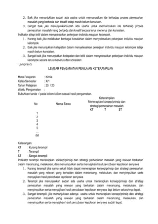 2. Baik jika menunjukkan sudah ada usaha untuk memunculkan ide terhadap proses pemecahan
masalah yang berbeda dan kreatif tetapi masih belum konsisten.
3. Sangat baik jika menunjukkansudah ada usaha untuk memunculkan ide terhadap proses
pemecahan masalah yang berbeda dan kreatif secara terus menerus dan konsisten.
Indikator sikap teliti dalam menyelesaikan pekerjaan individu maupun kelompok.
1. Kurang baik jika melakukan berbagai kesalahan dalam menyelesaikan pekerjaan individu maupun
kelompok
2. Baik jika menunjukkan ketepatan dalam menyelesaikan pekerjaan individu maupun kelompok tetapi
masih belum konsisten.
3. Sangat baik jika menunjukkan ketepatan dan teliti dalam menyelesaikan pekerjaan individu maupun
kelompok secara terus menerus dan konsisten
Lampiran 5
LEMBAR PENGAMATAN PENILAIAN KETERAMPILAN
Mata Pelajaran : Kimia
Kelas/Semester : X/1
Tahun Pelajaran : 20 / 20
Waktu Pengamatan :
Bubuhkan tanda √ pada kolom-kolom sesuai hasil pengamatan.
No Nama Siswa
Keterampilan
Menerapkan konsep/prinsip dan
strategi pemecahan masalah
KT T ST
1
2
3
4
5
…
dst
Keterangan:
KT : Kurang terampil
T : Terampil
ST : Sangat terampil
Indikator terampil menerapkan konsep/prinsip dan strategi pemecahan masalah yang relevan berkaitan
dalam merancang, melakukan, dan menyimpulkan serta menyajikan hasil percobaan kepolaran senyawa
1. Kurang terampil jika sama sekali tidak dapat menerapkan konsep/prinsip dan strategi pemecahan
masalah yang relevan yang berkaitan dalam merancang, melakukan, dan menyimpulkan serta
menyajikan hasil percobaan kepolaran senyawa
2. Terampil jika menunjukkan sudah ada usaha untuk menerapkan konsep/prinsip dan strategi
pemecahan masalah yang relevan yang berkaitan dalam merancang, melakukan, dan
menyimpulkan serta menyajikan hasil percobaan kepolaran senyawa tapi belum seluruhnya tepat.
3. Sangat terampill, jika menunjukkan adanya usaha untuk menerapkan konsep/prinsip dan strategi
pemecahan masalah yang relevan yang berkaitan dalam merancang, melakukan, dan
menyimpulkan serta menyajikan hasil percobaan kepolaran senyawa sudah tepat.
 