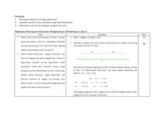 Petunjuk:
1. Berdoalah sebelum mengerjakan soal
2. Jawablah pada lembar jawaban yang telah disediakan
3. Selesaikan soal berikut dengan singkat dan jelas
Pedoman Penilaian Instrumen Pengetahuan Pertemuan I dan II
Soal Jawaban Skor
1. Pada suatu suatu kesempatan, firman mampu
berenang sejauh 10,8 m, sedangkan Abdullah
mampu berenang 5,9 m dari titik tolak. Berapa
selisih perpindahan anak tersebut?”
2. Pada mobil-mobil baru, angka kilometer per
liternya tergantung pada bagaimana mobil itu
digunakan, apakah sering digunakan untuk
perjalanan jarak jauh ataukah hanya untuk
perjalananjarak dekat(dalamkota). Untuk suatu
merek mobil tertentu, angka kilometer per
liternya berkisar di angka 2,8 kurang atau
lebihnyadari 12 km/L. Berapakahjangkauandari
angka km/L dari mobil tersebut?
1. |5,9 − 10,8| = |−4,9| = 4,9
2. Diketahui angka km/L dari suatu mobil berkisar di angka 2,8 kurang
atau lebihnya dari 12 km/L.
Misalkanm adalahangka km/Ldari mobil tersebut. Maka,selisih
m dan 12 tidak boleh lebih dari 2,8, atau dapat dituliskan ke
dalam |m – 12| ≤ 2,8.
Sehingga jangkauan dari angka km/L mobil tersebut adalah dari
angka 9,2 km/L sampai 14,8 km/L.
5
15
 