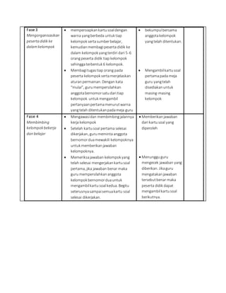 Fase 3
Mengorganisasikan
peserta didik ke
dalamkelompok
 mempersiapkankartusoaldengan
warna yangberbeda untuk tiap
kelompok sertasumberbelajar,
kemudianmembagipeserta didik ke
dalam kelompok yangterdiri dari 5-6
orangpeserta didik tiap kelompok
sehinggaterbentuk 6 kelompok.
 Membagitugastiap orang pada
peserta kelompok sertamenjelaskan
aturanpermainan. Dengan kata
“mulai”, gurumempersilahkan
anggotabernomorsatudari tiap
kelompok untuk mengambil
pertanyaanpertamamenurutwarna
yangtelah ditentukanpadameja guru
 bekumpulbersama
anggotakelompok
yangtelah ditentukan.
 Mengambilkartusoal
pertamapada meja
guru yangtelah
disediakanuntuk
masing-masing
kelompok
Fase 4
Membimbing
kelompok bekerja
dan belajar
 Mengawasidan membimbing jalannya
kerja kelompok
 Setelah kartusoal pertama selesai
dikerjakan, gurumeminta anggota
bernomorduamewakili kelompoknya
untuk memberikanjawaban
kelompoknya.
 Memeriksajawaban kelompok yang
telah selesai mengerjakankartusoal
pertama, jika jawaban benar maka
guru mempersilahkananggota
kelompok bernomorduauntuk
mengambilkartusoal kedua. Begitu
seterusnyasampaisemuakartu soal
selesai dikerjakan.
 Memberikanjawaban
dari kartusoal yang
diperoleh
 Menungguguru
mengecek jawaban yang
diberikan. Jikaguru
mengatakanjawaban
tersebutbenar maka
peserta didik dapat
mengambilkartusoal
berikutnya.
 