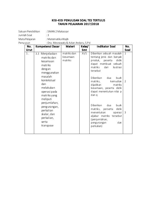 Rpp Kd 3 3 Konsep Matriks Dan Operasi Aljabar