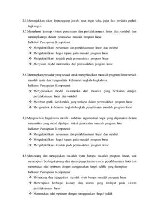 2.3.Menunjukkan sikap bertanggung jawab, rasa ingin tahu, jujur dan perilaku peduli
lingkungan.
3.7.Memahami konsep sistem persamaan dan pertidaksamaan linier dua variabel dan
menerapkannya dalam pemecahan masalah program linear.
Indikator Pencapaian Kompetensi:
 Mengidentifikasi persamaan dan pertidaksamaan linear dua variabel
 Mengidentifikasi fungsi tujuan pada masalah program linear
 Mengidentifikasi kendala pada permasalahan program linear
 Menyusun model matematika dari permasalahan program linear
3.8.Menerapkan prosedur yang sesuai untuk menyelesaikan masalah program linear terkait
masalah nyata dan menganalisis kebenaran langkah-langkahnya.
Indikator Pencapaian Kompetensi:
 Menyelesaikan model matematika dari masalah yang berkaitan dengan
pertidaksamaan linear dua variabel
 Membuat grafik dari kendala yang terdapat dalam permasalahan program linear
 Menganalisis kebenaran langkah-langkah penyelesaian masalah program linear
3.9.Menganalisis bagaimana menilai validitas argumentasi logis yang digunakan dalam
matematika yang sudah dipelajari terkait pemecahan masalah program linier.
Indikator Pencapaian Kompetensi:
 Mengidentifikasi persamaan dan pertidaksamaan linear dua variabel
 Mengidentifikasi fungsi tujuan pada masalah program linear
 Mengidentifikasi kendala pada permasalahan program linear
4.5.Merancang dan mengajukan masalah nyata berupa masalah program linear, dan
menerapkan berbagai konsep dan aturan penyelesaian sistem pertidaksamaan linier dan
menentukan nilai optimum dengan menggunakan fungsi selidik yang ditetapkan
Indikator Pencapaian Kompetensi:
 Merancang dan mengajukan masalah nyata berupa masalah program linear
 Menerapkan berbagai konsep dan aturan yang terdapat pada sistem
pertidaksamaan linear
 Menentukan nilai optimum dengan menggunakan fungsi selidik
 