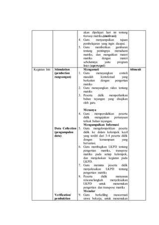 akan dipelajari hari ini tentang
Konsep matriks.(motivasi)
4. Guru menyampaikan tujuan
pembelajaran yang ingin dicapai.
5. Guru memberikan gambaran
tentang pentingnya memahami
matriks, dan mengaitkan materi
matriks dengan materi
sebelumnya yaitu program
linier.(apersepsi)
Kegiatan Inti Stimulation
(pemberian
rangsangan)
Data Collection
(pengumpulan
data)
Verification/
pembuktian
Mengamati
1. Guru menayangkan contoh
masalah kontekstual yang
berkaitan dengan pengertian
matriks
2. Guru menayangkan video tentang
matriks
3. Peserta didik memperhatikan
bahan tayangan yang disajikan
oleh guru.
Menanya
4. Guru mempersilahkan peserta
didik mengajukan pertanyaan
terkait bahan tayangan.
Mengumpulkan Informasi
5. Guru mengelompokkan peserta
didik ke dalam kelompok kecil
yang terdiri dari 3-4 peserta didik
dengan kemampuan yang
bervariasi.
6. Guru membagikan LKPD tentang
pengertian matriks, transpose
matriks pada setiap kelompok,
dan menjelaskan kegiatan pada
LKPD.
7. Guru meminta peserta didik
menyelesaikan LKPD tentang
pengertian matriks
8. Peserta didik menyusun
rencana/langkah menyelesaikan
LKPD untuk menemukan
pengertian dan transpose matriks
Menalar
9. Guru berkeliling mencermati
siswa bekerja, untuk menemukan
60menit
 