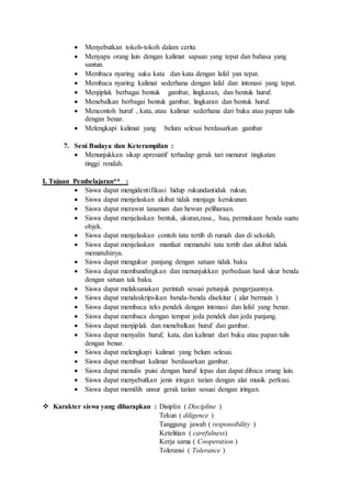  Menyebutkan tokoh-tokoh dalam cerita 
 Menyapa orang lain dengan kalimat sapaan yang tepat dan bahasa yang 
santun. 
 Membaca nyaring suku kata dan kata dengan lafal yan tepat. 
 Membaca nyaring kalimat sederhana dengan lafal dan intonasi yang tepat. 
 Menjiplak berbagai bentuk gambar, lingkaran, dan bentuk huruf. 
 Menebalkan berbagai bentuk gambar, lingkaran dan bentuk huruf. 
 Mencontoh huruf , kata, atau kalimat sederhana dari buku atau papan tulis 
dengan benar. 
 Melengkapi kalimat yang belum selesai berdasarkan gambar 
7. Seni Budaya dan Keterampilan : 
 Menunjukkan sikap apresiatif terhadap gerak tari menurut tingkatan 
tinggi rendah. 
I. Tujuan Pembelajaran** : 
 Siswa dapat mengidentifikasi hidup rukundantidak rukun. 
 Siswa dapat menjelaskan akibat tidak menjaga kerukunan 
 Siswa dapat merawat tanaman dan hewan peliharaan. 
 Siswa dapat menjelaskan bentuk, ukuran,rasa., bau, permukaan benda suatu 
objek. 
 Siswa dapat menjelaskan contoh tata tertib di rumah dan di sekolah. 
 Siswa dapat menjelaskan manfaat mematuhi tata tertib dan akibat tidak 
mematuhinya. 
 Siswa dapat mengukur panjang dengan satuan tidak baku 
 Siswa dapat membandingkan dan menunjukkan perbedaan hasil ukur benda 
dengan satuan tak baku. 
 Siswa dapat melaksanakan perintah sesuai petunjuk pengerjaannya. 
 Siswa dapat mendeskripsikan benda-benda disekitar ( alat bermain ) 
 Siswa dapat membaca teks pendek dengan intonasi dan lafal yang benar. 
 Siswa dapat membaca dengan tempat jeda pendek dan jeda panjang. 
 Siswa dapat menjiplak dan menebalkan huruf dan gambar. 
 Siswa dapat menyalin huruf, kata, dan kalimat dari buku atau papan tulis 
dengan benar. 
 Siswa dapat melengkapi kalimat yang belum selesai. 
 Siswa dapat membuat kalimat berdasarkan gambar. 
 Siswa dapat menulis puisi dengan huruf lepas dan dapat dibaca orang lain. 
 Siswa dapat menyebutkan jenis iringan tarian dengan alat musik perkusi. 
 Siswa dapat memilih unsur gerak tarian sesuai dengan iringan. 
 Karakter siswa yang diharapkan : Disiplin ( Discipline ) 
Tekun ( diligence ) 
Tanggung jawab ( responsibility ) 
Ketelitian ( carefulness) 
Kerja sama ( Cooperation ) 
Toleransi ( Tolerance ) 
 