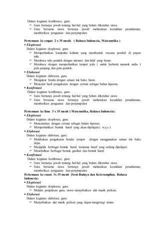 Dalam kegiatan konfirmasi, guru: 
 Guru bertanya jawab tentang hal-hal yang belum diketahui siswa 
 Guru bersama siswa bertanya jawab meluruskan kesalahan pemahaman, 
memberikan penguatan dan penyimpulan 
Pertemuan ke empat 2 x 35 menit. ( Bahasa Indonesia, Matematika ) 
 Eksplorasi 
Dalam kegiatan eksplorasi, guru: 
 Memperhatikan kumpulan kalimat yang membentuk wacana pendek di papan 
tulis. 
 Membaca teks pendek dengan intonasi dan lafal yang benar. 
 Membaca dengan memperhatikan tempat jeda ( untuk berhenti menarik nafas ) 
jeda panjang dan jeda pendek. 
 Elaborasi 
Dalam kegiatan elaborasi, guru: 
 Mengukur benda dengan satuan tak baku hasta. 
 Mencatat hasil pengukuran dengan cermat sebagai bahan laporan. 
 Konfirmasi 
Dalam kegiatan konfirmasi, guru: 
 Guru bertanya jawab tentang hal-hal yang belum diketahui siswa 
 Guru bersama siswa bertanya jawab meluruskan kesalahan pemahaman, 
memberikan penguatan dan penyimpulan 
Pertemuan ke lima 3 x 35 menit ( Matematika, Bahasa Indonesia) 
 Eksplorasi 
Dalam kegiatan eksplorasi, guru: 
 Mencatatnya dengan cermat sebagai bahan laporan. 
 Memperhatikan bentuk huruf yang akan dipelajari.( w,c,s ) 
 Elaborasi 
Dalam kegiatan elaborasi, guru: 
 Melakukan pengukuran benda/ tempat dengan menggunakan satuan tak baku 
depa. 
 Menjiplak berbagai bentuk huruf, terutama huruf yang sedang dipelajari. 
 Menebalkan berbagai bentuk gambar dan bentuk huruf. 
 Konfirmasi 
Dalam kegiatan konfirmasi, guru: 
 Guru bertanya jawab tentang hal-hal yang belum diketahui siswa 
 Guru bersama siswa bertanya jawab meluruskan kesalahan pemahaman, 
memberikan penguatan dan penyimpulan 
Pertemuan ke enam 3x 35 menit (Seni Budaya dan Keterampilan, Bahasa 
Indonesia) 
 Eksplorasi 
Dalam kegiatan eksplorasi, guru: 
 Melalui penjelasan guru, siswa menyebutkan alat musik perkusi. 
 Elaborasi 
Dalam kegiatan elaborasi, guru: 
 Menyebutkan alat musik perkusi yang dapat mengiringi tarian. 
 