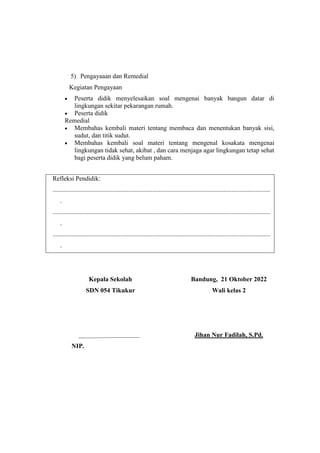 5) Pengayaaan dan Remedial
Kegiatan Pengayaan
 Peserta didik menyelesaikan soal mengenai banyak bangun datar di
lingkungan sekitar pekarangan rumah.
 Peserta didik
Remedial
 Membahas kembali materi tentang membaca dan menentukan banyak sisi,
sudut, dan titik sudut.
 Membahas kembali soal materi tentang mengenal kosakata mengenai
lingkungan tidak sehat, akibat , dan cara menjaga agar lingkungan tetap sehat
bagi peserta didik yang belum paham.
Refleksi Pendidik:
.......................................................................................................................................
.
.......................................................................................................................................
.
.......................................................................................................................................
.
Kepala Sekolah
SDN 054 Tikukur
NIP.
Bandung, 21 Oktober 2022
Wali kelas 2
Jihan Nur Fadilah, S.Pd.
 