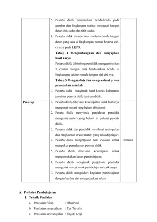 5. Peserta didik menemukan benda-benda pada
gambar dan lingkungan sekitar mengenai bangun
datar sisi, sudut dan titik sudut.
6. Peserta didik memberikan contoh-contoh bangun
datar yang ada di lingkungan rumah beserta ciri-
cirinya pada LKPD.
Tahap 4 Mengembangkan dan menyajikan
hasil karya
Peserta didik dibimbing pendidik menggambarkan
5 contoh bangun dari berdasarkan benda di
lingkungan sekitar rumah dengan ciri-ciri nya.
Tahap 5 Menganalisis dan mengevaluasi proses
pemecahan masalah
7. Peserta didik menyimak hasil koreksi kebenaran
jawaban peserta didik dari pendidik.
Penutup 1. Peserta didik diberikan kesempatan untuk bertanya
mengenai materi yang belum dipahami.
2. Peseta didik menyimak penjelasan pendidik
mengenai materi yang belum di pahami peserta
didik.
3. Peserta didik dan pendidik membuat kesimpulan
dan rangkuman terkait materi yang telah dipelajari.
4. Peserta didik mengerjakan soal evaluasi untuk
mengukur pemahaman peserta didik.
5. Peserta didik diberikan kesempatan untuk
mengemukakan kesan pembelajaran.
6. Peserta didik menyimak penjelasan pendidik
mengenai materi untuk pembelajaran berikutnya.
7. Peserta didik mengakhiri kegiatan pembelajaran
dengan berdoa dan mengucapkan salam
10 menit
A. Penilaian Pembelajaran
1. Teknik Penilaian
a. Penilaian Sikap : Observasi
b. Penilaian pengetahuan : Tes Tertulis
c. Penilaian keterampilan : Unjuk Kerja
 