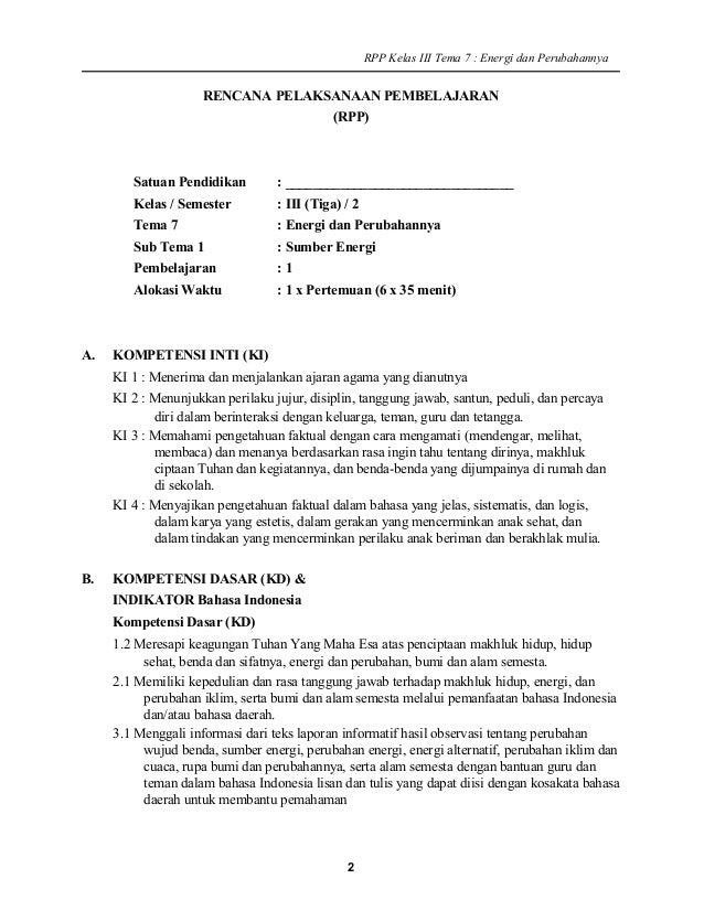 Rpp Kelas 3 Tema 7 Energi Dan Perubahanya