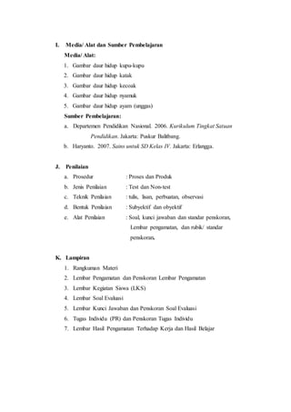 I. Media/ Alat dan Sumber Pembelajaran
Media/ Alat:
1. Gambar daur hidup kupu-kupu
2. Gambar daur hidup katak
3. Gambar daur hidup kecoak
4. Gambar daur hidup nyamuk
5. Gambar daur hidup ayam (unggas)
Sumber Pembelajaran:
a. Departemen Pendidikan Nasional. 2006. Kurikulum Tingkat Satuan
Pendidikan. Jakarta: Puskur Balitbang.
b. Haryanto. 2007. Sains untuk SD Kelas IV. Jakarta: Erlangga.
J. Penilaian
a. Prosedur : Proses dan Produk
b. Jenis Penilaian : Test dan Non-test
c. Teknik Penilaian : tulis, lisan, perbuatan, observasi
d. Bentuk Penilaian : Subyektif dan obyektif
e. Alat Penilaian : Soal, kunci jawaban dan standar penskoran,
Lembar pengamatan, dan rubik/ standar
penskoran.
K. Lampiran
1. Rangkuman Materi
2. Lembar Pengamatan dan Penskoran Lembar Pengamatan
3. Lembar Kegiatan Siswa (LKS)
4. Lembar Soal Evaluasi
5. Lembar Kunci Jawaban dan Penskoran Soal Evaluasi
6. Tugas Individu (PR) dan Penskoran Tugas Individu
7. Lembar Hasil Pengamatan Terhadap Kerja dan Hasil Belajar
 