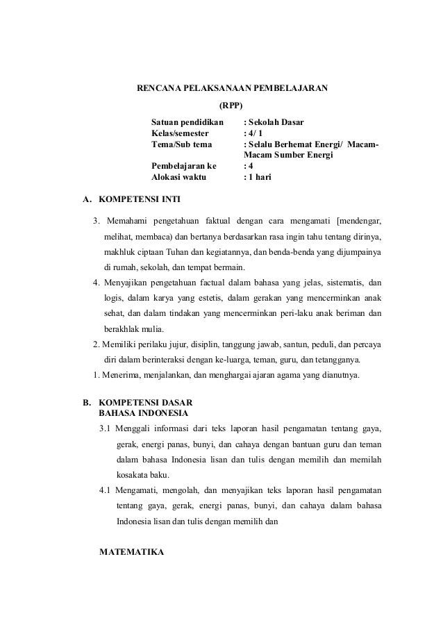 Rpp Kelas 4 Tema 2 Subtema 1 Pembelajaran 4