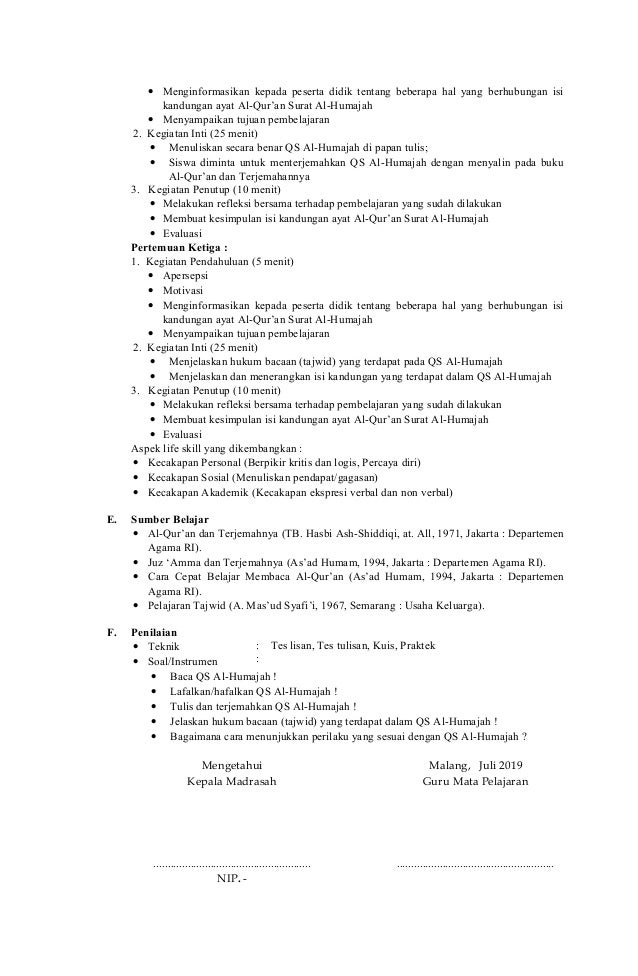 RPP BTQ Baca Tulis Qur�an Kurtilas Kelas 7 semester 1 2 MTs