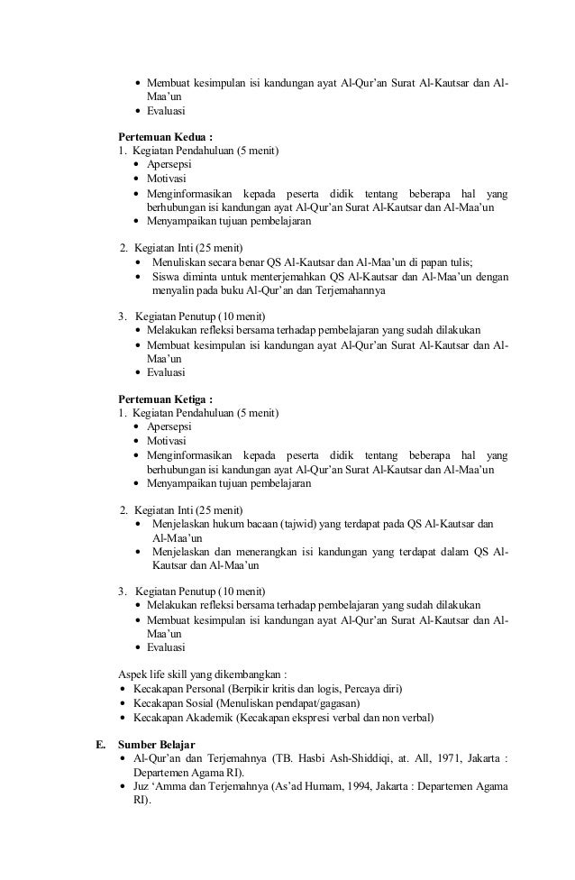 RPP BTQ Baca Tulis Qur�an Kurtilas Kelas 7 semester 1 2 MTs