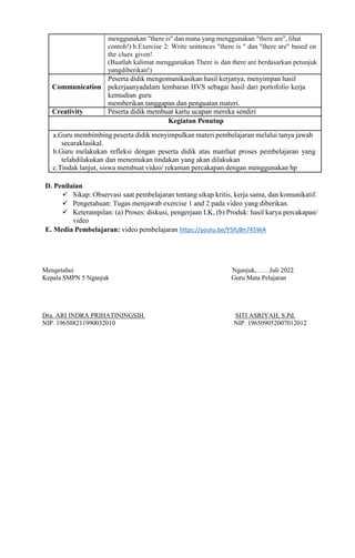 menggunakan "there is" dan mana yang menggunakan "there are", lihat
contoh!) b.Exercise 2: Write sentences "there is " dan "there are" based on
the clues given!
(Buatlah kalimat menggunakan There is dan there are berdasarkan petunjuk
yangdiberikan!)
Communication
Peserta didik mengomunikasikan hasil kerjanya, menyimpan hasil
pekerjaanyadalam lembaran HVS sebagai hasil dari portofolio kerja
kemudian guru
memberikan tanggapan dan penguatan materi.
Creativity Peserta didik membuat kartu ucapan mereka sendiri
Kegiatan Penutup
a.Guru membimbing peserta didik menyimpulkan materi pembelajaran melalui tanya jawab
secaraklasikal.
b.Guru melakukan refleksi dengan peserta didik atas manfaat proses pembelajaran yang
telahdilakukan dan menentukan tindakan yang akan dilakukan
c.Tindak lanjut, siswa membuat video/ rekaman percakapan dengan menggunakan hp
D. Penilaian
 Sikap: Observasi saat pembelajaran tentang sikap kritis, kerja sama, dan komunikatif.
 Pengetahuan: Tugas menjawab exercise 1 and 2 pada video yang diberikan.
 Keterampilan: (a) Proses: diskusi, pengerjaan LK, (b) Produk: hasil karya percakapan/
video
E. Media Pembelajaran: video pembelajaran https://youtu.be/Y5fUBn745WA
Mengetahui Nganjuk,……Juli 2022
Kepala SMPN 5 Nganjuk Guru Mata Pelajaran
Dra. ARI INDRA PRIHATININGSIH. SITI ASRIYAH, S.Pd.
NIP. 196508211990032010 NIP. 196509052007012012
 