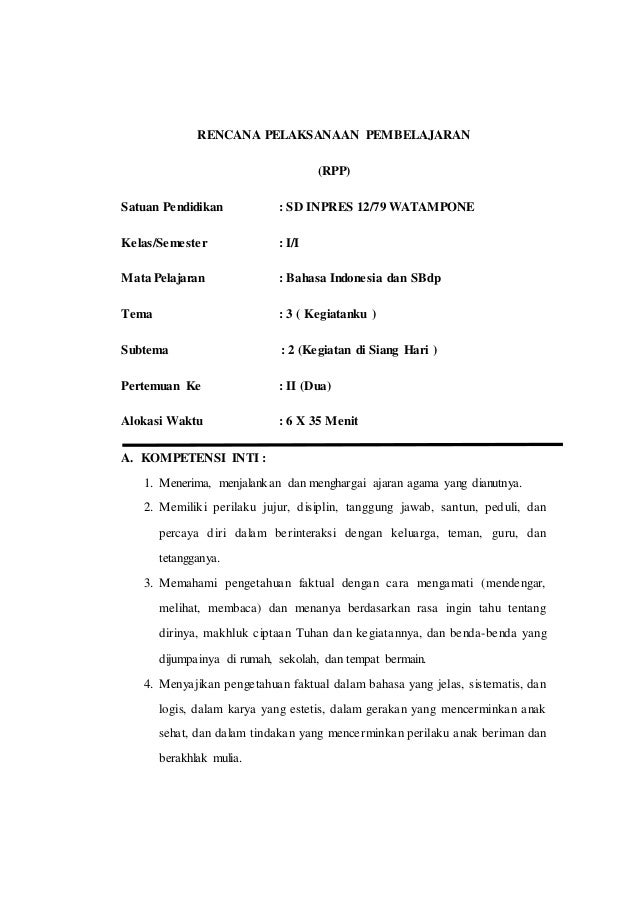 Rpp Kelas 1 Tema 3 Subtema 2 Pembelajaran 1