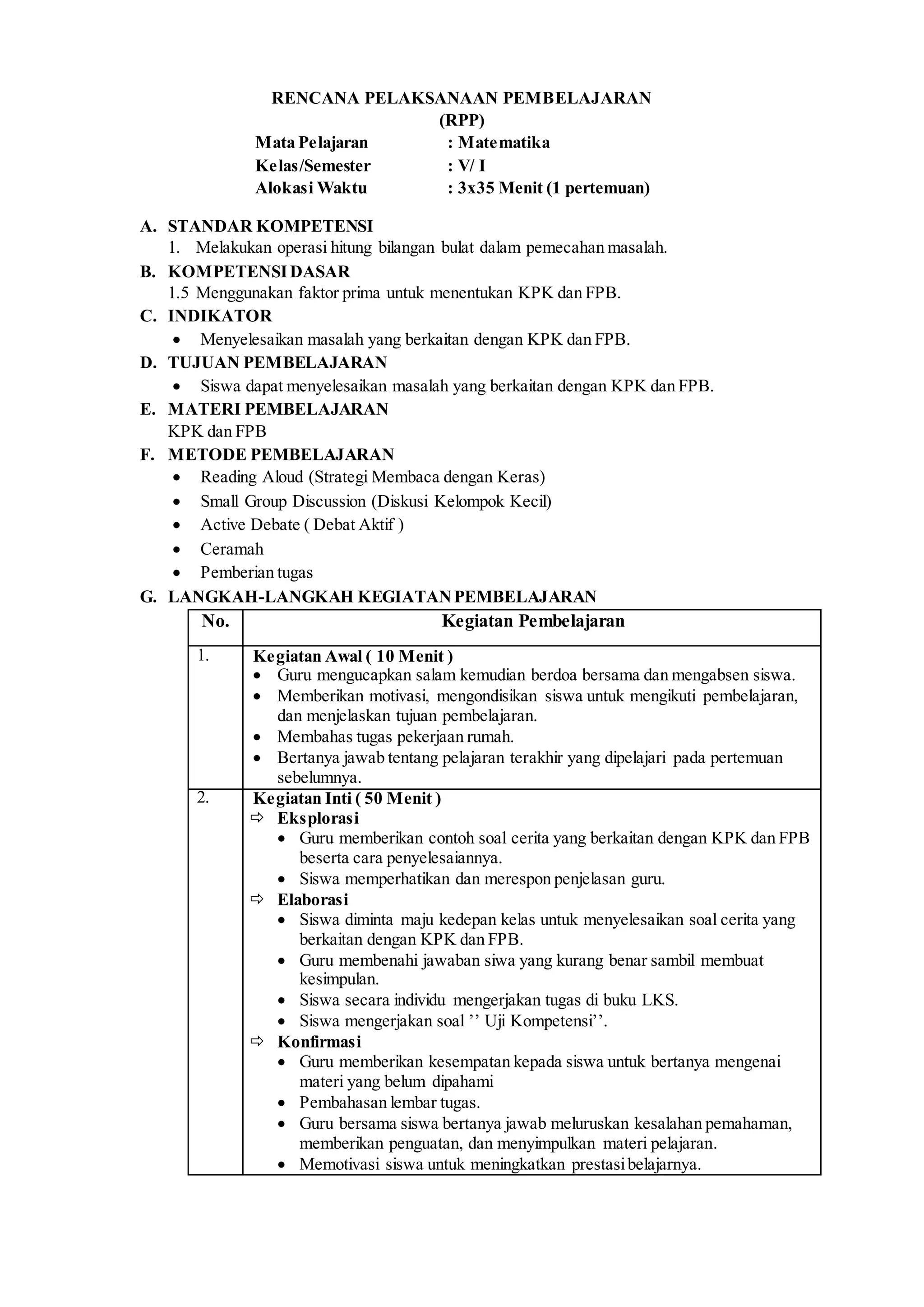 Rpp kelas v sd/mi matematika | DOCX