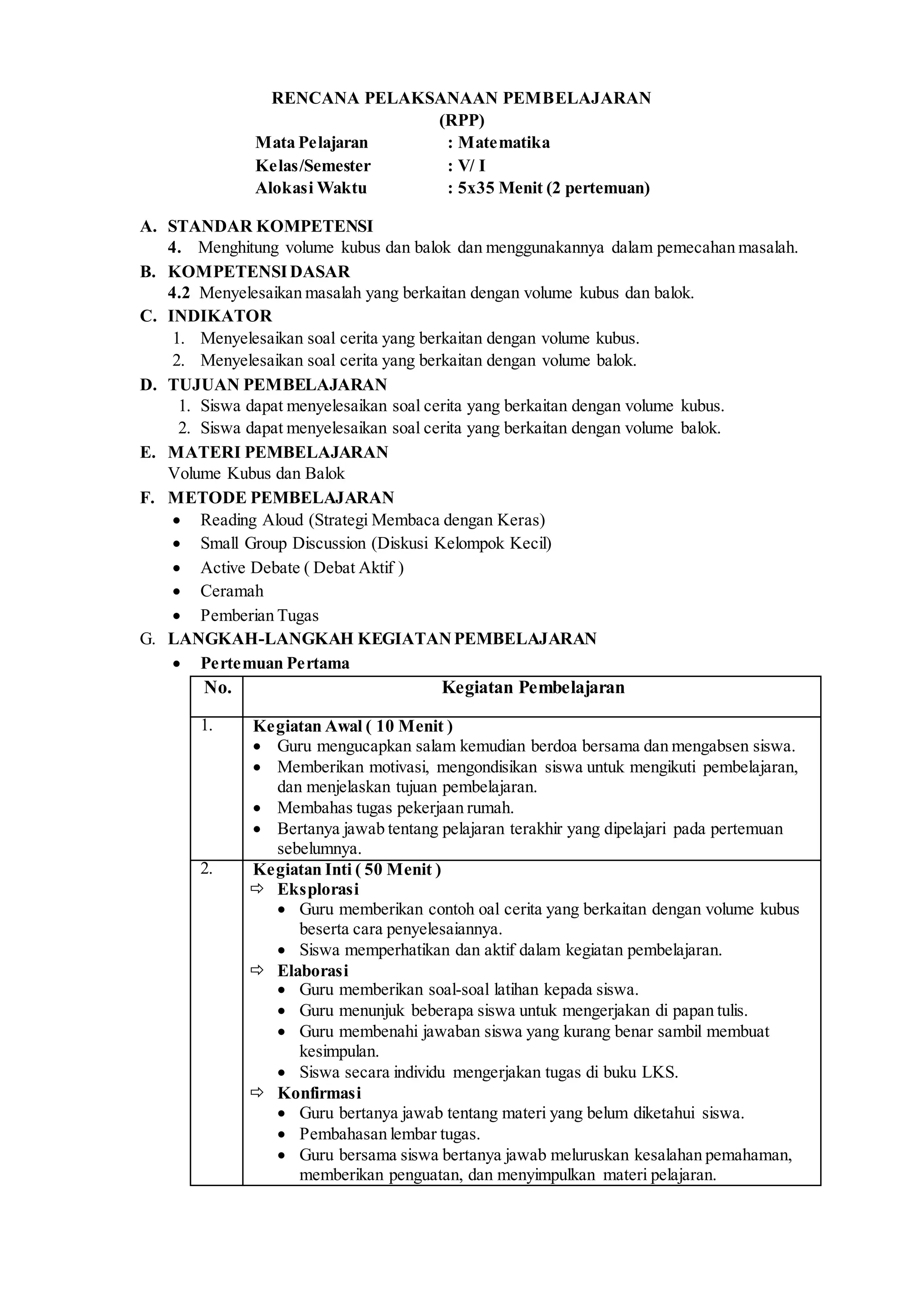Rpp kelas v sd/mi matematika | DOCX