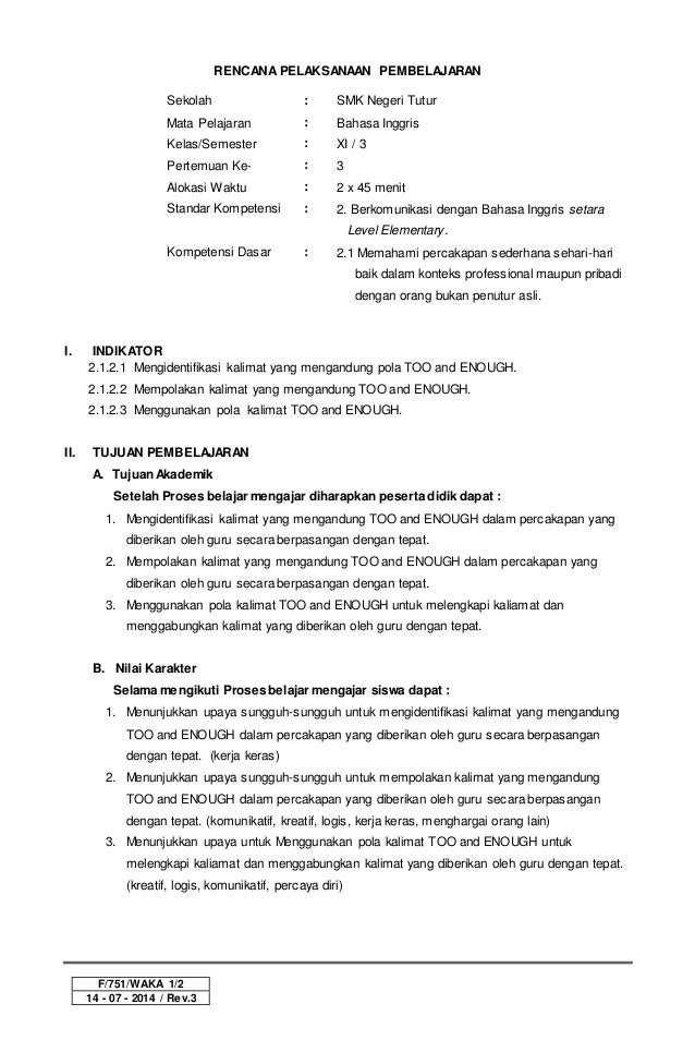 Rpp Kelas Xi Too And Anough
