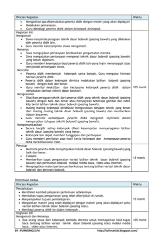 Rincian Kegiatan Waktu 
 Mengaitkan apa dikemukakan peserta didik dengan materi yang akan dipelajari 
 Melakukan pemanasan. 
 Guru Membagi peserta didik dalam kelompok-kelompok. 
Kegiatan Inti 
Mengamati 
 Siswa menyimak peragaan teknik dasar bolavoli (passing bawah) yang dilakukan 
oleh peserta didik lain. 
 Guru menilai keterampilan siswa mengamati. 
Menanya 
 Siwa mengajukan pertanyaan berdasarkan pengamatan mereka. 
 Siwa mengajukan pertanyaan mengenai teknik dasar bolavoli (passing bawah) 
yang belum dipahami. 
 Guru memberi kesempatan bagi peserta didik lain yang ingin menanggapi atau 
menjawab pertanyaan siswa. 
Mencoba 
 Peserta didik membentuk kelompok sama banyak. Guru mengatur formasi 
barisan peserta didik. 
 Peserta didik dalam kelompok diminta melakukan latihan bolavoli (passing 
bawah) dengan baik dan benar. 
 Guru menilai keaktifan dan kerjasama kelompok peserta didik dalam 
melakukan latihan teknik dasar bolavoli. 
Mengasosiasi 
 Disajikan peragaan teknik dari peserta didik yang teknik dasar bolavoli (passing 
bawah) dengan baik dan benar atau menyajikan beberapa gambar dan video 
klip berisi latihan teknik dasar bolavoli (passing bawah). 
 Masing-masing kelompok berdiskusi mengurutkan tahapan teknik yang benar 
dari masing masing teknik dasar bolavoli (passing bawah) dan memberikan 
alasan/argumen. 
 Guru menilai kemampuan peserta didik mengolah informasi dalam 
mengurutkan tahapan teknik bolavoli (passing bawah). 
Mengomunikasikan 
 Secara bergilir setiap kelompok diberi kesempatan memperagakan latihan 
teknik dasar (passing bawah) yang benar. 
 Kelompok lain dapat memberi tanggapan dan pertanyaan 
 Guru memberi penilaian atas hasil kerja kelompok dan kemampuan peserta 
didik berkomunikasi lisan. 
105 menit 
Penutup 
 Meminta peserta didik menyimpulkan teknik dasar bolavoli (passing bawah) yang 
baik dan benar. 
 Evaluasi 
 Memberikan tugas pengamatan variasi latihan teknik dasar bolavoli (passing 
bawah) dan permainan bolavoli melalui media baca, video atau internet. 
 Mengingatkan materi pertemuan berikutnya tentang latihan variasi teknik dasar 
bolavoli dan bermain bolavoli. 
15 menit 
Pertemuan Kedua 
Rincian Kegiatan Waktu 
Pendahuluan 
 Merefleksi kembali pelajaran pertemuan sebelumnya. 
 Membahas tugas pengamatan yang telah dikerjakan di rumah. 
 Menyampaikan tujuan pembelajaran. 
 Mengaitkan materi yang telah dipelajari dengan materi yang akan dipelajari yaitu 
variasi latihan teknik dasar bolavoli (passing atas). 
 Membagi peserta didik ke dalam kelompok . 
15 menit 
Kegiatan Inti 
Mengamati dan Menanya 
 Dua orang siswa dari kelompok berbeda diminta untuk memaparkan hasil tugas 
baca tentang latihan variasi teknik dasar bolavoli (passing atas) melalui media 
baca , video atau internet. 
105 menit 
BY : PURNOMO,S.Pd http://volimaniak.blogspot.com/ 
 