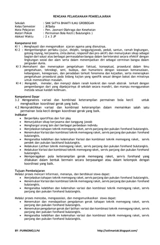 RENCANA PELAKSANAAN PEMBELAJARAN 
Sekolah : SMK SATYA BHAKTI ILMU GROBOGAN 
Kelas/Semester : X/Satu 
Mata Pelajaran : Pen. Jasmani Olahraga dan Kesehatan 
Materi Pokok : Permainan Bola Kecil ( Bulutangkis ) 
Alokasi Waktu : 2 x 3 JP 
Kompetensi Inti 
KI 1 : Menghayati dan mengamalkan ajaran agama yang dianutnya. 
KI 2 : Mengembangkan perilaku (jujur, disiplin, tanggungjawab, peduli, santun, ramah lingkungan, 
gotong royong, kerjasama, cinta damai, responsif dan pro-aktif) dan menunjukan sikap sebagai 
bagian dari solusi atas berbagai permasalahan bangsa dalam berinteraksi secara efektif dengan 
lingkungan sosial dan alam serta dalam menempatkan diri sebagai cerminan bangsa dalam 
pergaulan dunia. 
KI 3 :Memahami dan menerapkan pengetahuan faktual, konseptual, prosedural dalam ilmu 
pengetahuan, teknologi, seni, budaya, dan humaniora dengan wawasan kemanusiaan, 
kebangsaan, kenegaraan, dan peradaban terkait fenomena dan kejadian, serta menerapkan 
pengetahuan prosedural pada bidang kajian yang spesifik sesuai dengan bakat dan minatnya 
untuk memecahkan masalah. 
KI 4 : Mengolah, menalar, dan menyaji dalam ranah konkret dan ranah abstrak terkait dengan 
pengembangan dari yang dipelajarinya di sekolah secara mandiri, dan mampu menggunakan 
metoda sesuai kaidah keilmuan. 
Kompetensi Dasar 
3.2 Menganalisis variasi dan kombinasi keterampilan permainan bola kecil untuk 
menghasilkan koordinasi gerak yang baik. 
4.2 Mempraktikkan variasi dan kombinasi keterampilan dalam memainkan salah satu 
permainan bola kecil dengan koordinasi gerak yang baik. 
Indikator 
 Berperilaku sportifitas dan fair play 
 Menunjukkan sikap kerjasama dan tanggung jawab 
 Menghargai orang lain dari berbagai perbedaan individu 
 Menjelaskan tahapan teknik memegang raket, servis panjang dan pukulan forehand bulutangkis. 
 Menemukan Variasi dan kombinasi teknik memegang raket, servis panjang dan pukulan forehand 
bulutangkis. 
 Menganalisa kelebihan dan kelemahan Variasi dan kombinasi teknik memegang raket, servis 
pendek dan pukulan backhand bulutangkis. 
 Melakukan Latihan teknik memegang raket, servis panjang dan pukulan forehand bulutangkis. 
 Melakukan Variasi dan kombinasi teknik memegang raket, servis panjang dan pukulan forehand 
bulutangkis. 
 Memperagakan pola keterampilan gerak memegang raket, servis forehand yang 
dilakukan dalam bentuk bermain secara berpasangan atau dalam kelompok dengan 
koordinasi yang baik. 
Tujuan Pembelajaran 
Melalui proses mencari informasi, menanya, dan berdiskusi siswa dapat: 
 Menjelaskan tahapan teknik memegang raket, servis panjang dan pukulan forehand bulutangkis. 
 Menemukan Variasi dan kombinasi teknik memegang raket, servis panjang dan pukulan forehand 
bulutangkis. 
 Menganalisa kelebihan dan kelemahan variasi dan kombinasi teknik memegang raket, servis 
panjang dan pukulan forehand bulutangkis. 
Melalui proses mencoba, mengasosiasi, dan mengomunikasikan siswa dapat: 
 Menemukan dan mendapatkan pengalaman gerak tahapan teknik memegang raket, servis 
panjang dan pukulan forehand bulutangkis. 
 Menemukan pengalaman gerak dari latihan variasi dan kombinasi teknik memegang raket, servis 
panjang dan pukulan forehand bulutangkis. 
 Menganalisa kelebihan dan kelemahan variasi dan kombinasi teknik memegang raket, servis 
panjang dan pukulan forehand bulutangkis. 
BY : PURNOMO,S.Pd http://volimaniak.blogspot.com/ 
 