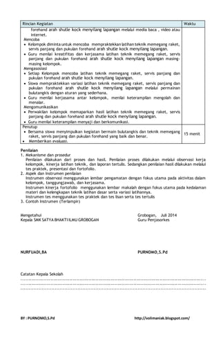 Rincian Kegiatan Waktu 
forehand arah shutle kock menyilang lapangan melalui media baca , video atau 
internet. 
Mencoba 
 Kelompok diminta untuk mencoba mempraktekkan latihan teknik memegang raket, 
servis panjang dan pukulan forehand arah shutle kock menyilang lapangan. 
 Guru menilai kreatifitas dan kerjasama latihan teknik memegang raket, servis 
panjang dan pukulan forehand arah shutle kock menyilang lapangan masing-masing 
kelompok. 
Mengasosiasi 
 Setiap Kelompok mencoba latihan teknik memegang raket, servis panjang dan 
pukulan forehand arah shutle kock menyilang lapangan. 
 Siswa mempraktekkan variasi latihan teknik memegang raket, servis panjang dan 
pukulan forehand arah shutle kock menyilang lapangan melalui permainan 
bulutangkis dengan aturan yang sederhana. 
 Guru menilai kerjasama antar kelompok, menilai keterampilan mengolah dan 
menalar. 
Mengomunikasikan 
 Perwakilan kelompok memaparkan hasil latihan teknik memegang raket, servis 
panjang dan pukulan forehand arah shutle kock menyilang lapangan. 
 Guru menilai keterampilan menyaji dan berkomunikasi. 
Penutup 
 Bersama siswa menyimpulkan kegiatan bermain bulutangkis dan teknik memegang 
raket, servis panjang dan pukulan forehand yang baik dan benar. 
 Memberikan evaluasi. 
15 menit 
Penilaian 
1. Mekanisme dan prosedur 
Penilaian dilakukan dari proses dan hasil. Penilaian proses dilakukan melalui observasi kerja 
kelompok, kinerja latihan teknik, dan laporan tertulis. Sedangkan penilaian hasil dilakukan melalui 
tes praktek, presentasi dan fortofolio. 
2. Aspek dan Instrumen penilaian 
Instrumen observasi menggunakan lembar pengamatan dengan fokus utama pada aktivitas dalam 
kelompok, tanggungjawab, dan kerjasama. 
Instrumen kinerja fortofolio menggunakan lembar makalah dengan fokus utama pada kedalaman 
materi dan kelengkapan teknik latihan dasar serta variasi latihannya. 
Instrumen tes menggunakan tes praktek dan tes lisan serta tes tertulis 
3. Contoh Instrumen (Terlampir) 
Mengetahui Grobogan, Juli 2014 
Kepala SMK SATYA BHAKTI ILMU GROBOGAN Guru Penjasorkes 
NURFUADI,BA PURNOMO,S.Pd 
Catatan Kepala Sekolah 
............................................................................................................................. . 
............................................................................................................................. . 
.................................................................................................................. 
BY : PURNOMO,S.Pd http://volimaniak.blogspot.com/ 
 