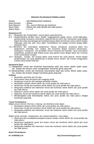 RENCANA PELAKSANAAN PEMBELAJARAN 
Sekolah : SMK PEMBANGUNAN NASIOANAL 
Kelas/Semester : X/Satu 
Mata Pelajaran : Pen. Jasmani Olahraga dan Kesehatan 
Materi Pokok : Atletik (lari jarak pendek dan tolak peluru) 
Alokasi Waktu : 2 x 3 JP 
Kompetensi Inti 
KI 1 : Menghayati dan mengamalkan ajaran agama yang dianutnya. 
KI 2 : Mengembangkan perilaku (jujur, disiplin, tanggungjawab, peduli, santun, ramah lingkungan, 
gotong royong, kerjasama, cinta damai, responsif dan pro-aktif) dan menunjukan sikap sebagai 
bagian dari solusi atas berbagai permasalahan bangsa dalam berinteraksi secara efektif dengan 
lingkungan sosial dan alam serta dalam menempatkan diri sebagai cerminan bangsa dalam 
pergaulan dunia. 
KI 3 :Memahami dan menerapkan pengetahuan faktual, konseptual, prosedural dalam ilmu 
pengetahuan, teknologi, seni, budaya, dan humaniora dengan wawasan kemanusiaan, 
kebangsaan, kenegaraan, dan peradaban terkait fenomena dan kejadian, serta menerapkan 
pengetahuan prosedural pada bidang kajian yang spesifik sesuai dengan bakat dan minatnya 
untuk memecahkan masalah. 
KI 4 : Mengolah, menalar, dan menyaji dalam ranah konkret dan ranah abstrak terkait dengan 
pengembangan dari yang dipelajarinya di sekolah secara mandiri, dan mampu menggunakan 
metoda sesuai kaidah keilmuan. 
Kompetensi Dasar 
3.3 Menganalisis variasi dan kombinasi keterampilan salah satu nomor atletik (jalan cepat, 
lari, lompat dan lempar) untuk menghasilkan koordinasi gerak yang baik. 
4.3 Mempraktikkan variasi dan kombinasi keterampilan salah satu nomor atletik (jalan cepat, 
lari, lompat dan lempar) dengan koordinasi gerak yang baik. 
Indikator 
 Berperilaku sportifitas dan fair play 
 Menunjukkan sikap kerjasama dan tanggung jawab 
 Menghargai orang lain dari berbagai perbedaan individu 
 Menjelaskan tahapan teknik Atletik (lari jarak pendek dan tolak peluru). 
 Menemukan Variasi dan kombinasi teknik Atletik (lari jarak pendek dan tolak peluru). 
 Menganalisa kelebihan dan kelemahan Variasi dan kombinasi teknik Atletik (lari jarak pendek 
dan tolak peluru). 
 Melakukan Latihan teknik Atletik (lari jarak pendek dan tolak peluru). 
 Melakukan Variasi dan kombinasi teknik Atletik (lari jarak pendek dan tolak peluru). 
 Memperagakan pola keterampilan Atletik (lari jarak pendek dan tolak peluru) dengan 
koordinasi yang baik. 
Tujuan Pembelajaran 
Melalui proses mencari informasi, menanya, dan berdiskusi siswa dapat: 
 Menjelaskan tahapan teknik Atletik (lari jarak pendek dan tolak peluru). 
 Menemukan Variasi dan kombinasi teknik Atletik (lari jarak pendek dan tolak peluru). 
 Menganalisa kelebihan dan kelemahan variasi dan kombinasi teknik Atletik (lari jarak pendek 
dan tolak peluru). 
Melalui proses mencoba, mengasosiasi, dan mengomunikasikan siswa dapat: 
 Menemukan dan mendapatkan pengalaman gerak tahapan teknik Atletik (lari jarak pendek dan 
tolak peluru). 
 Menemukan pengalaman gerak dari latihan variasi dan kombinasi teknik Atletik (lari jarak 
pendek dan tolak peluru). 
 Menganalisa kelebihan dan kelemahan variasi dan kombinasi teknik Atletik (lari jarak pendek 
dan tolak peluru). 
Materi Pembelajaran 
BY : PURNOMO,S.Pd http://volimaniak.blogspot.com/ 
 