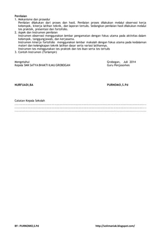 Penilaian 
1. Mekanisme dan prosedur 
Penilaian dilakukan dari proses dan hasil. Penilaian proses dilakukan melalui observasi kerja 
kelompok, kinerja latihan teknik, dan laporan tertulis. Sedangkan penilaian hasil dilakukan melalui 
tes praktek, presentasi dan fortofolio. 
2. Aspek dan Instrumen penilaian 
Instrumen observasi menggunakan lembar pengamatan dengan fokus utama pada aktivitas dalam 
kelompok, tanggungjawab, dan kerjasama. 
Instrumen kinerja fortofolio menggunakan lembar makalah dengan fokus utama pada kedalaman 
materi dan kelengkapan teknik latihan dasar serta variasi latihannya. 
Instrumen tes menggunakan tes praktek dan tes lisan serta tes tertulis 
3. Contoh Instrumen (Terlampir) 
Mengetahui Grobogan, Juli 2014 
Kepala SMK SATYA BHAKTI ILMU GROBOGAN Guru Penjasorkes 
NURFUADI,BA PURNOMO,S.Pd 
Catatan Kepala Sekolah 
............................................................................................................................. . 
............................................................................................................................. . 
.................................................................................................................. 
BY : PURNOMO,S.Pd http://volimaniak.blogspot.com/ 
 