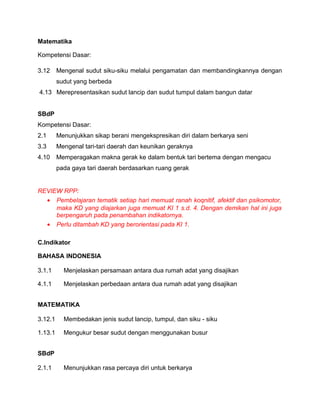 Matematika
Kompetensi Dasar:
3.12 Mengenal sudut siku-siku melalui pengamatan dan membandingkannya dengan
sudut yang berbeda
4.13 Merepresentasikan sudut lancip dan sudut tumpul dalam bangun datar
SBdP
Kompetensi Dasar:
2.1 Menunjukkan sikap berani mengekspresikan diri dalam berkarya seni
3.3 Mengenal tari-tari daerah dan keunikan geraknya
4.10 Memperagakan makna gerak ke dalam bentuk tari bertema dengan mengacu
pada gaya tari daerah berdasarkan ruang gerak
REVIEW RPP:
• Pembelajaran tematik setiap hari memuat ranah koqnitif, afektif dan psikomotor,
maka KD yang diajarkan juga memuat KI 1 s.d. 4. Dengan demikan hal ini juga
berpengaruh pada penambahan indikatornya.
• Perlu ditambah KD yang berorientasi pada KI 1.
C.Indikator
BAHASA INDONESIA
3.1.1 Menjelaskan persamaan antara dua rumah adat yang disajikan
4.1.1 Menjelaskan perbedaan antara dua rumah adat yang disajikan
MATEMATIKA
3.12.1 Membedakan jenis sudut lancip, tumpul, dan siku - siku
1.13.1 Mengukur besar sudut dengan menggunakan busur
SBdP
2.1.1 Menunjukkan rasa percaya diri untuk berkarya
 
