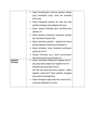 • Siswa bereksplorasi membuat gerakan tangan
yang membentuk sudut, siswa lain menebak
jenis sudut.
• Siswa mengamati gambar tari adat (tari adat
gending sriwijaya) yang dipajang oleh guru
• Siswa dengan bimbingan guru membuka buku
halaman 15
• Siswa bersama kelompok mengamati gambar
dan memahami bacaan teks
• Siswa menirukan gerakan – gerakan tari sesuai
gambar (gerakan sederhana) (Penilaian 4).
• Siswa berdiskusi untuk menjawab pertanyaan
pada buku hal 15
• Dengan bimbingan guru, siswa menyimpulkan
hasil diskusi/hasil kerja (Penilaian 5).
Kegiatan
Penutup
• Siswa menuliskan refleksi dari kegiatan hari ini:
Apa yang kalian pelajari dari kegiatan hari ini?
Kesulitan apa yang kalian temui?
Hal baik apa yang bisa kamu terapkan dalam
kegiatan sehari-hari? Serta jelaskan mengapa
kamu perlu menerapkannya.
• Siswa mendapat tugas pada buku siswa hal.17,
yang akan dikerjakan di rumah.
 