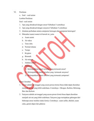 VI. Penilaian
a. Soal – soal uraian
Lembar Penilaian
Soal - soal uraian
1. Apa yang dimaksud dengan unsur! Sebutkan 5 contohnya
2. Apa yang dimaksud dengan senyawa! Sebutkan 5 contohnya
3. Jelaskan perbedaan antara campuran homogen dan campuran heterogen!
4. Diketahui materi-materi di bawah ini, yaitu
a. Asam asetat
b. Air raksa
c. Tetes tebu
d. Normal oktana
e. Tempe
f. Krypton
g. Bismuth
h. Air minum
i. Adukan semen
j. Methanol
1) Kelompokkan materi tersebut yang termasuk unsur!
2) Kelompokkan materi tersebut yang termasuk senyawa!
3) Kelompokkan materi tersebut yang termasuk campuran!
Kunci Jawaban
1. Unsur adalah zat tunggal yang secara proses kimia biasa tidak dapat diuraikan
menjadi zat-zat yang lebih sederhana. Contohnya : Oksigen, Karbon, Belerang,
Besi dan Kalium
2. Senyawa adalah zat tunggal yang secara prosrs kimia biasa dapat diuraikan
menjadi zat-zat yang lebih sederhana. Senyawa juga merupakan gabungan dari
beberapa unsur melalui reaksi kimia. Contohnya : asam sulfat, alkohol, asam
cuka, garam dapur dan glukosa
 