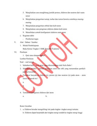 5. Menjelaskan cara menghitung jumlah proton, elektron dan neutron dari suatu
unsur
6. Menjelaskan pengertian isotop, isobar dan isoton beserta contohnya masing-
masing
7. Menjelaskan pengertian orbital dan kulit atom
8. Menjelaskan cara pengisian elektron dalam kulit atom
9. Menuliskan contoh konfiguarasi elektron suatu atom
c. Kegiatan akhir
- Pemberian tugas
V. Alat / Bahan / Sumber
1. Modul Pembelajaran
Buku Kimia Tingkat 1 SMK Penerbit Yudistira
VI. Penilaian
1. Quiz atau ulangan harian
Lembar Penilaian
Soal - soal uraian
1. Sebutkan teori – teori atom yang dikemukakan oleh Neils Bohr !
2. Sebutkan partikel - partikel penyusun atom dan ahli yang menemukan partikel-
partikel tersebut!
3. Tentukan banyaknya elekton (e), proton (p) dan neutron (n) pada atom – atom
unsur di bawah ini !
a.
b.
c.
4. Tentukan konfigurasi elektron dari atom
a. b.
Kunci Jawaban
1. a. Elektron beredar mengelilingi inti pada tingkat- tingkat energi tertentu
b. Elektron dapat berpindah dari tingkat energi rendah ke tingkat energi tinggi
 